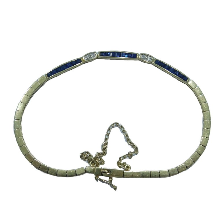 PULSERA ESLABONES RECTANGULARES APLIQUES CIRCONITAS AZULES Y BLANCAS