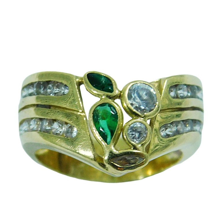 ANILLO PICUDO ANCHO RISTRAS CIRCONITAS BLANCAS Y VERDES