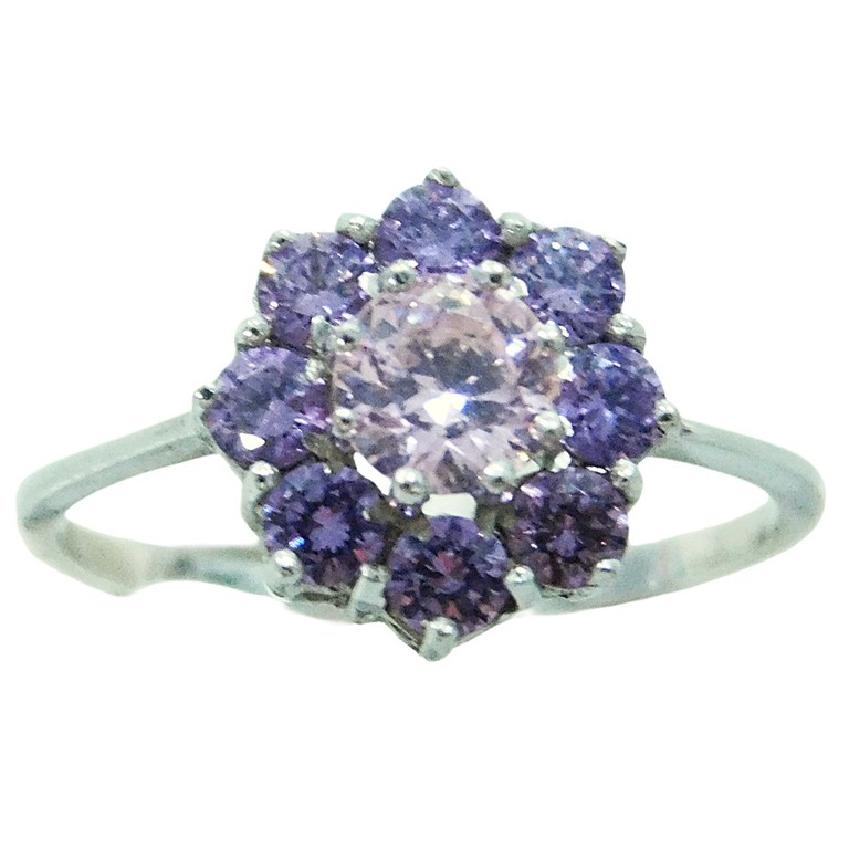 ANILLO ORO BLANCO APLIQUE FLORAL CIRCONITAS LILAS Y ROSAS