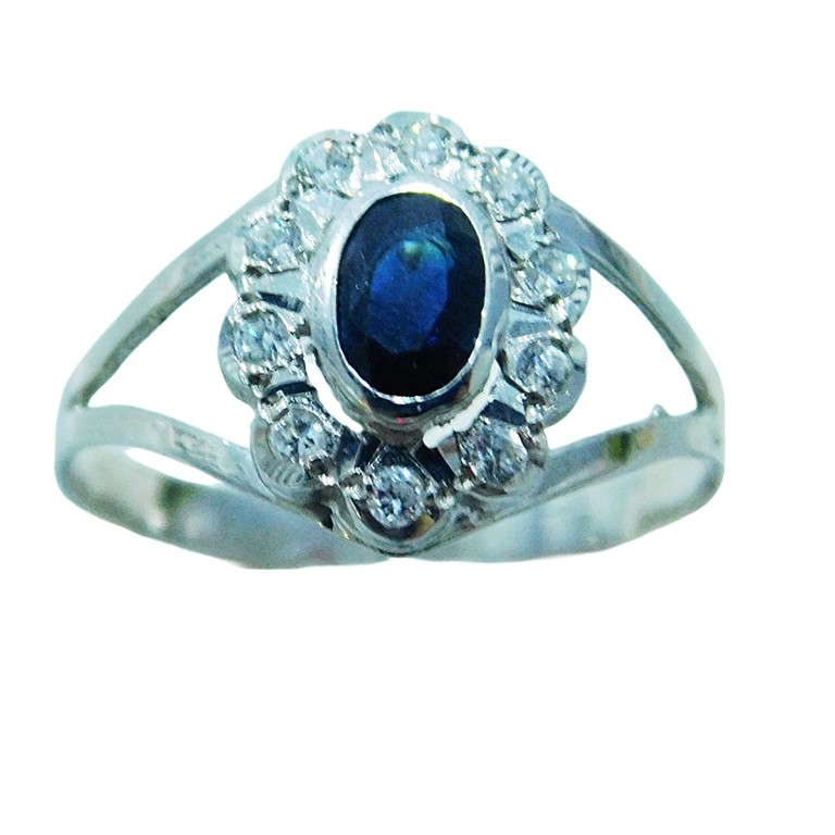 ANILLO ORO BLANCO APLIQUE FLORAL CIRCONITAS PIEDRA AZUL