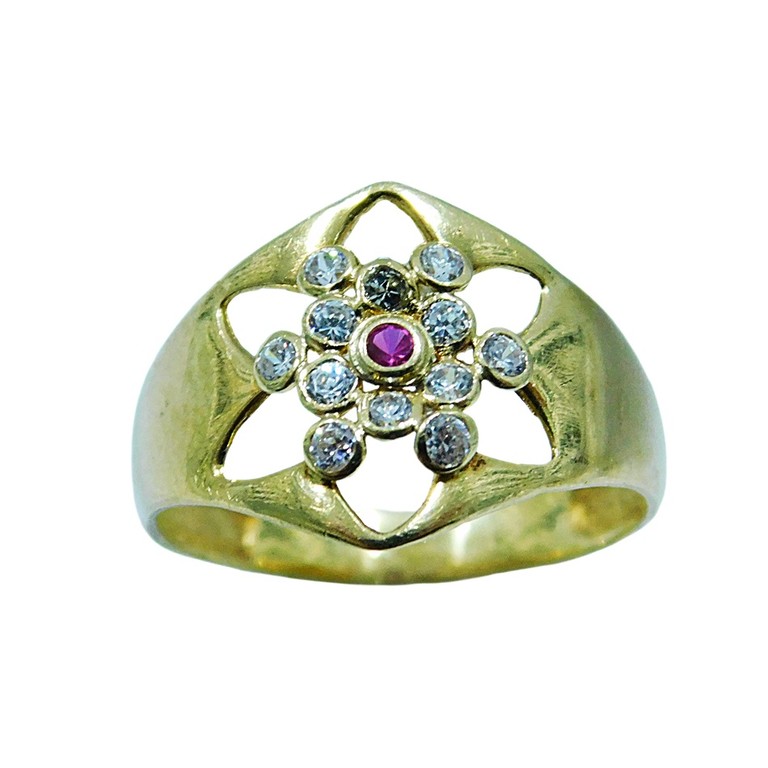 ANILLO APLIQUE FLORAL CIRCONITAS BLANCAS Y ROJAS