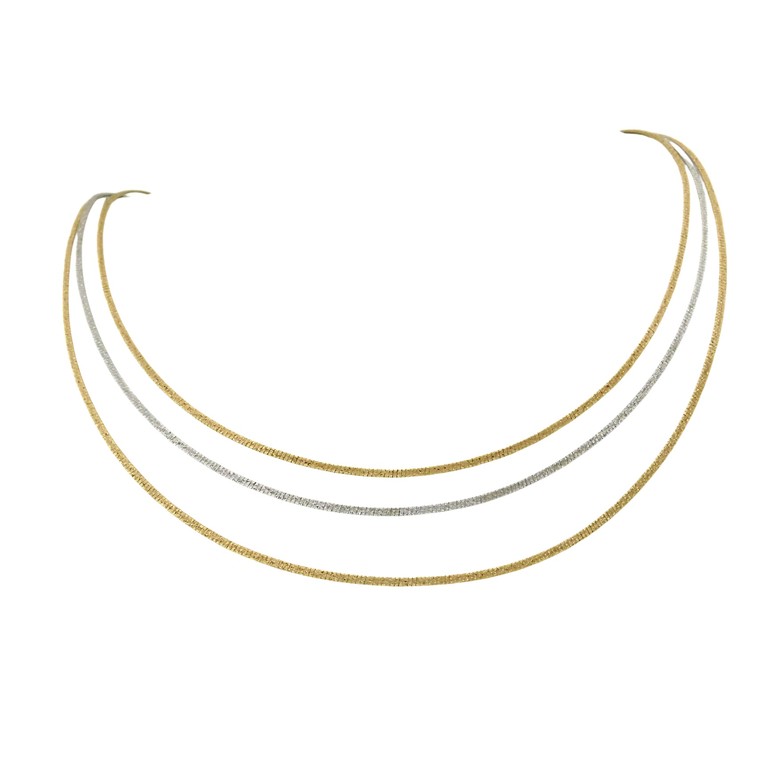 GARGANTILLA SEMIRIGIDA 3 CADENAS PLANAS UNIDAS EN ORO BLANCO Y AMARILLO