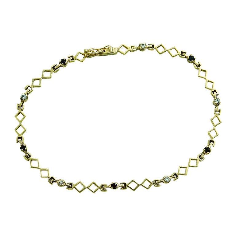 PULSERA ESLABONES GEOMETRICOS CIRCONITAS BLANCAS Y AZULES